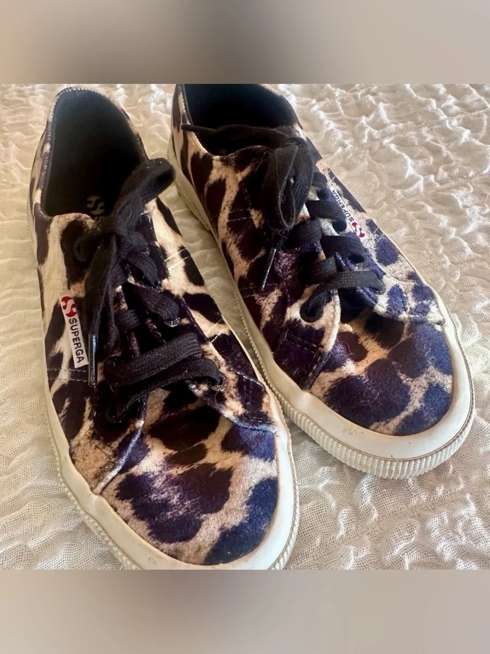 Superga Velvet Leopard Print Sneakers Womens 36 US6 Black White Tan